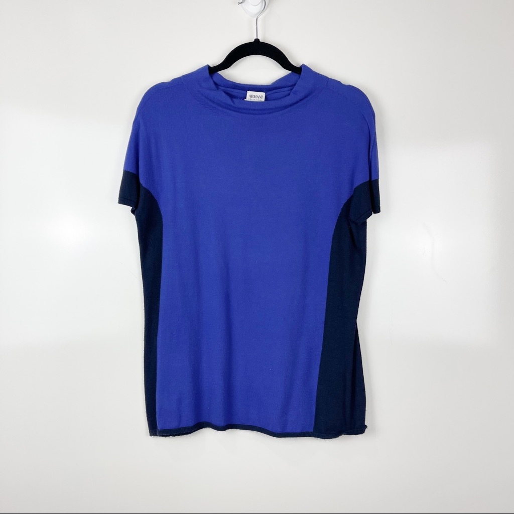 Armani Collezioni Blue Color Block Short Sleeve Knit Sweater Top Sz 14